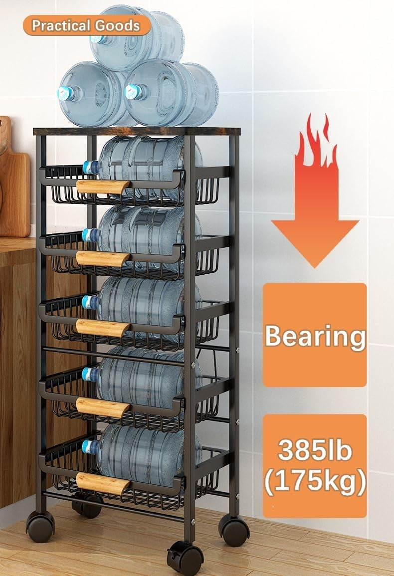 5 Tier Black Metal Wire Basket Cart on Wheels for Kitchen Pull Out Drawers NEW