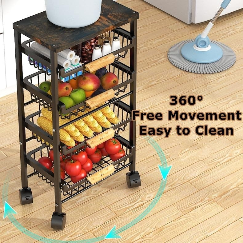 5 Tier Black Metal Wire Basket Cart on Wheels for Kitchen Pull Out Drawers NEW
