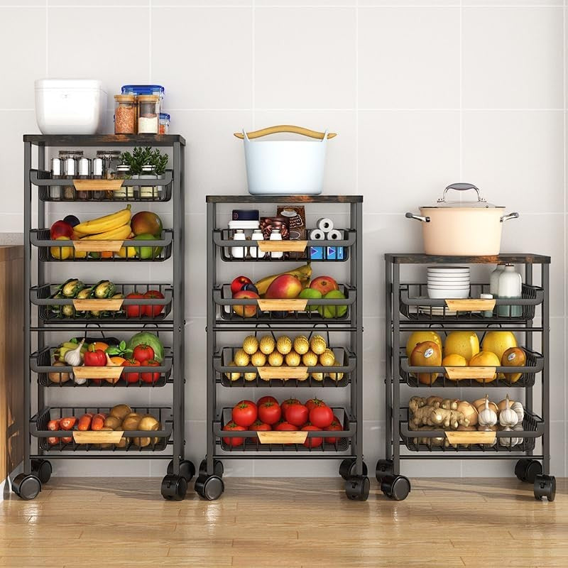 5 Tier Black Metal Wire Basket Cart on Wheels for Kitchen Pull Out Drawers NEW