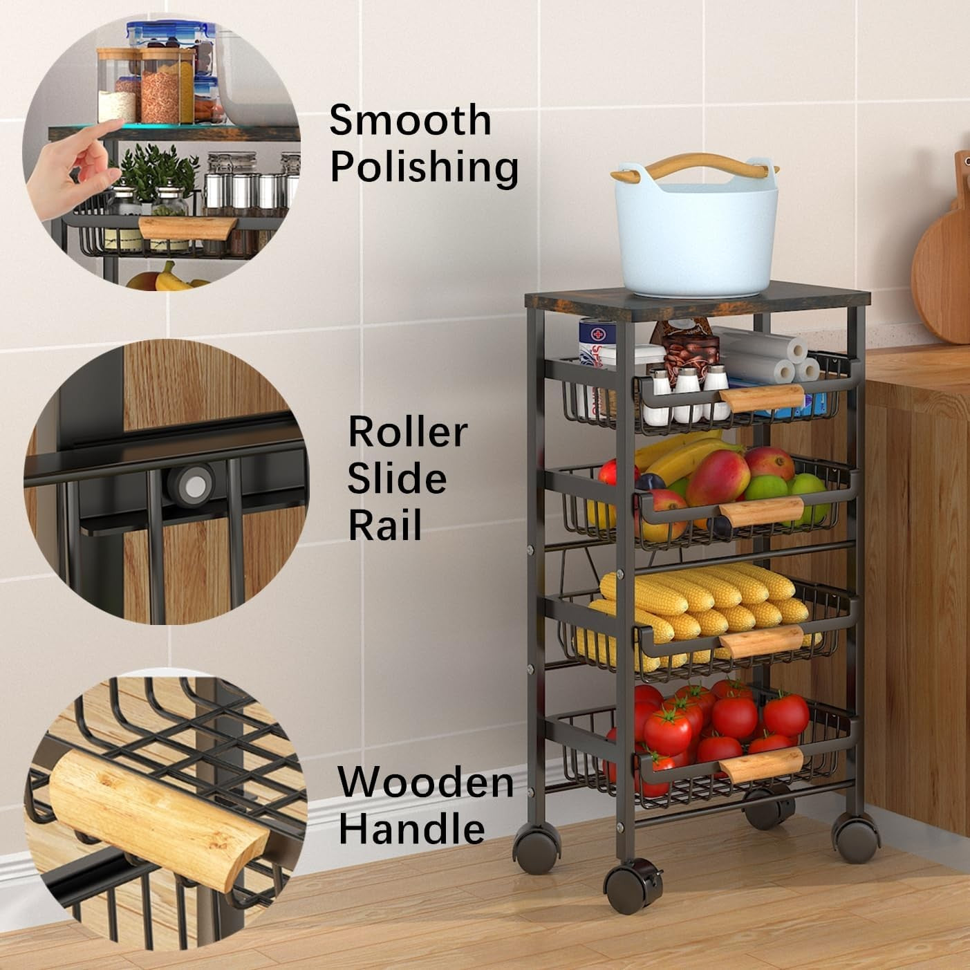 5 Tier Black Metal Wire Basket Cart on Wheels for Kitchen Pull Out Drawers NEW