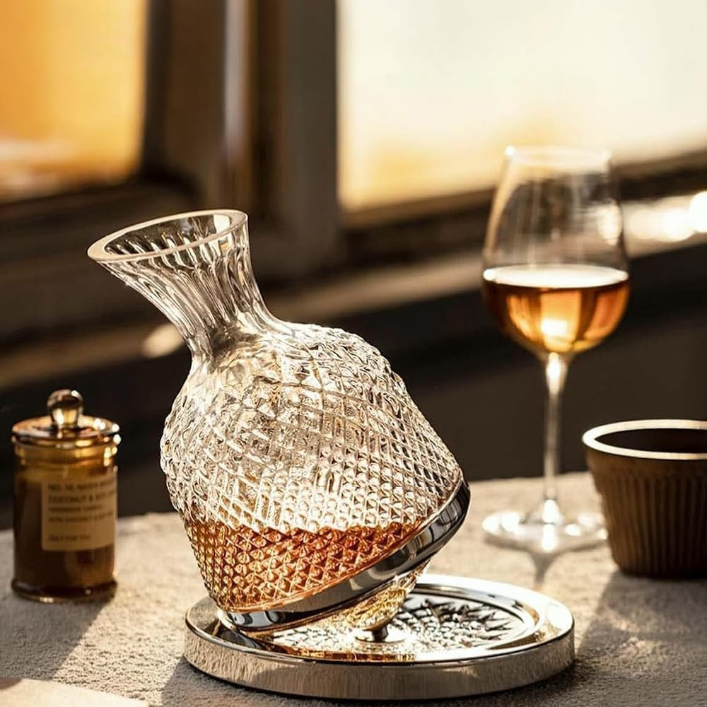 Frafuo 1.5L Spinning Wine Decanter Set with Stainless Steel Base NEW