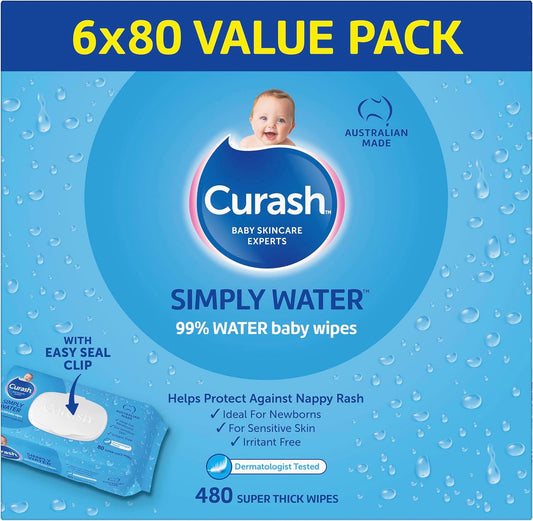 Curash Simply Water Baby Wipes 99% Purified 6x80 Packs 480 Super Thick Wipes NEW