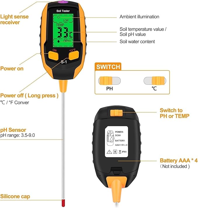 4 in 1 Digital Soil Moisture Temperature PH Meter Test for Gardening DEMO
