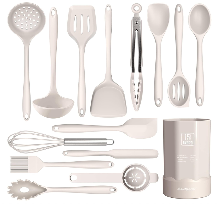 15 Piece Khaki Heat Resistant Silicone Cooking Utensils with Holder NEW