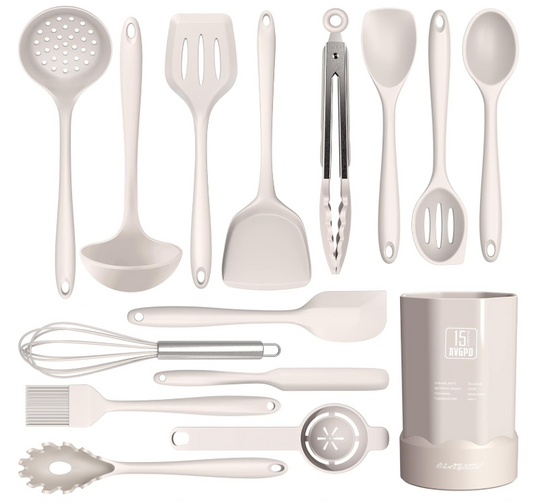 15 Piece Khaki Heat Resistant Silicone Cooking Utensils with Holder NEW