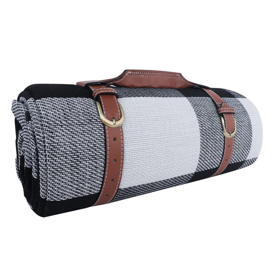 Goodsnetic 200cm Oversized Waterproof Black White Plaid Picnic Blanket NEW