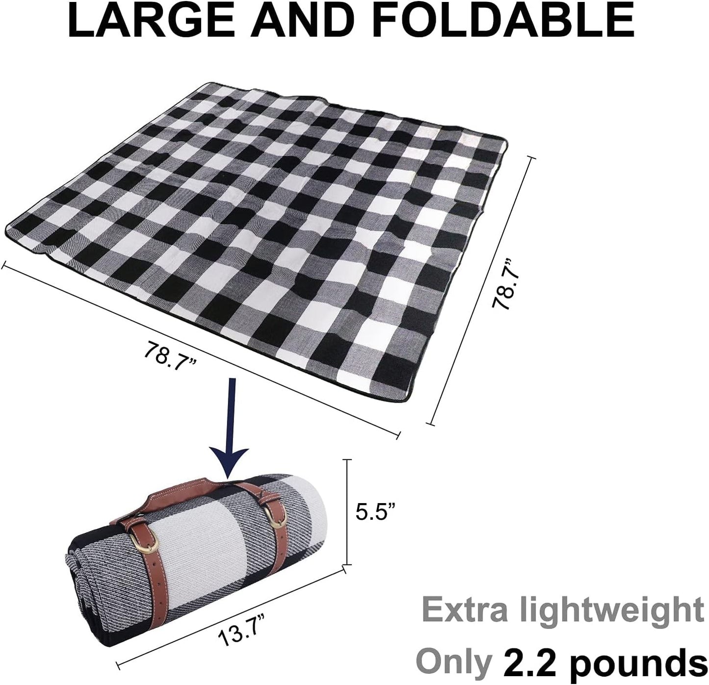 Goodsnetic 200cm Oversized Waterproof Black White Plaid Picnic Blanket NEW