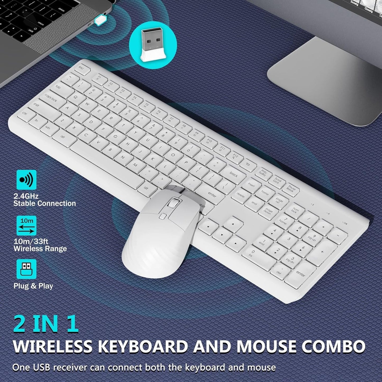 HUO JI CK622 Wireless Ergonomic Low Profile White Keyboard and Mouse Set NEW