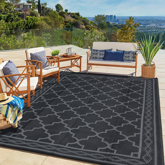 Flat Woven Outdoor Reversible Waterproof Black Grey Area Rug 152x244cm NEW