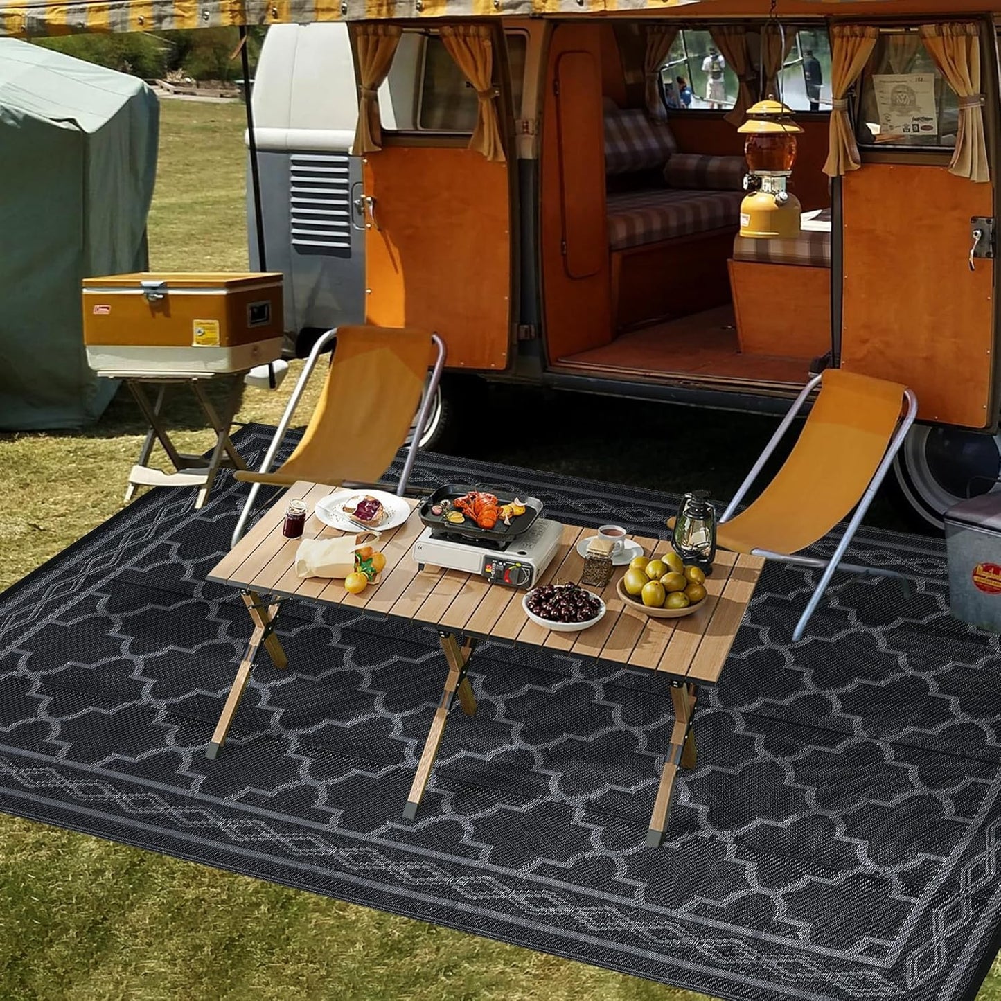 Flat Woven Outdoor Reversible Waterproof Black Grey Area Rug 152x244cm NEW