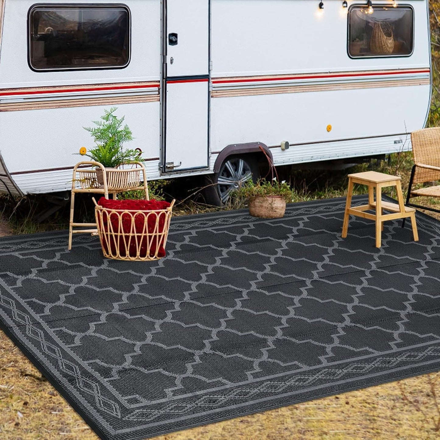 Flat Woven Outdoor Reversible Waterproof Black Grey Area Rug 152x244cm NEW