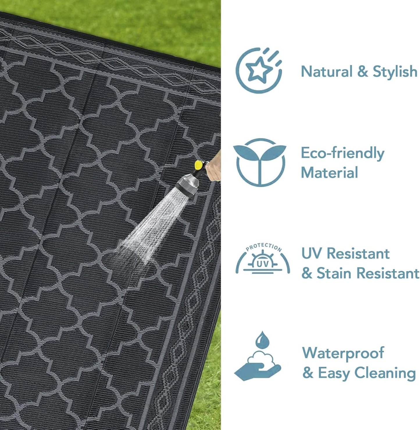 Flat Woven Outdoor Reversible Waterproof Black Grey Area Rug 152x244cm NEW