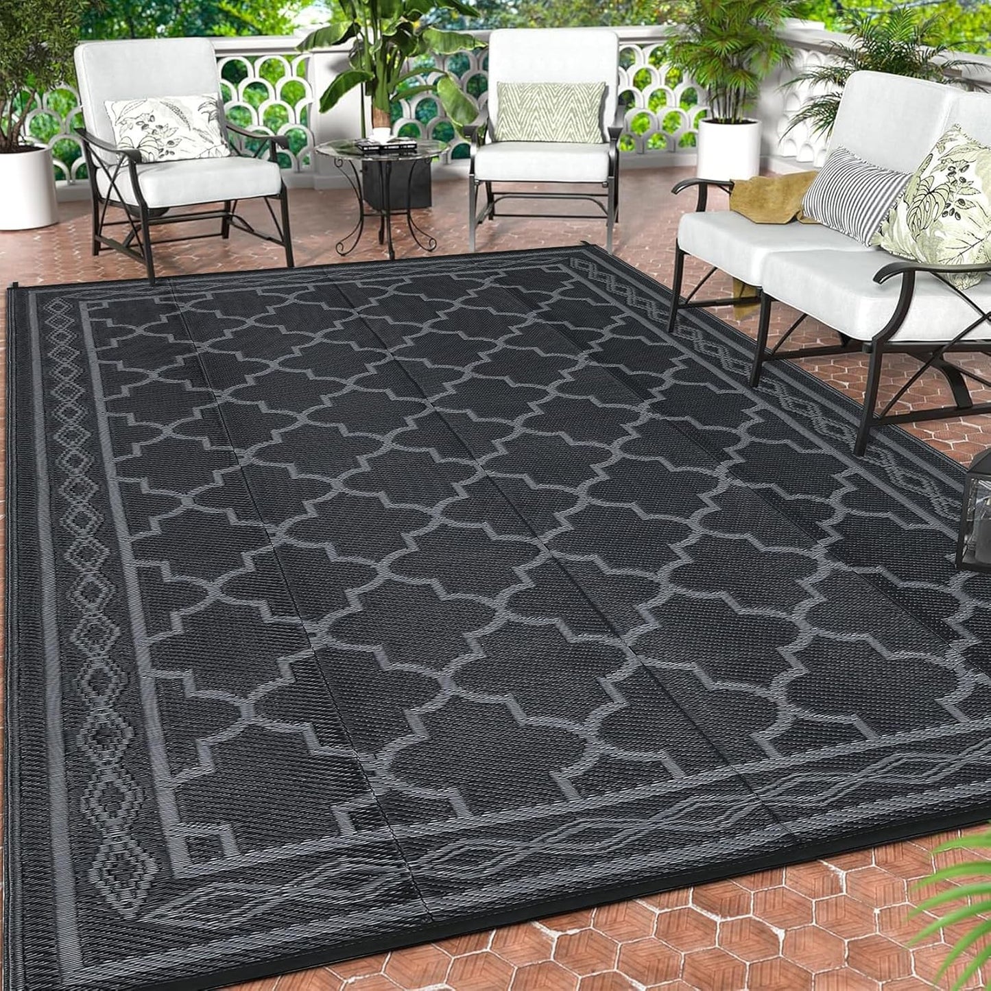 Flat Woven Outdoor Reversible Waterproof Black Grey Area Rug 152x244cm NEW