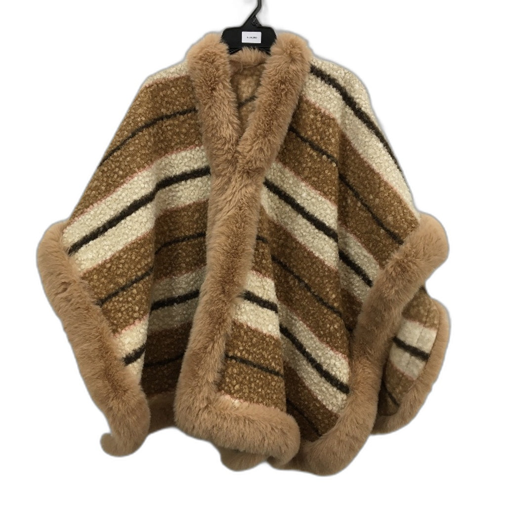 Neutral Tans Faux Fur Collar Wool Feel Evening Wear Poncho With Front Hook OSFM