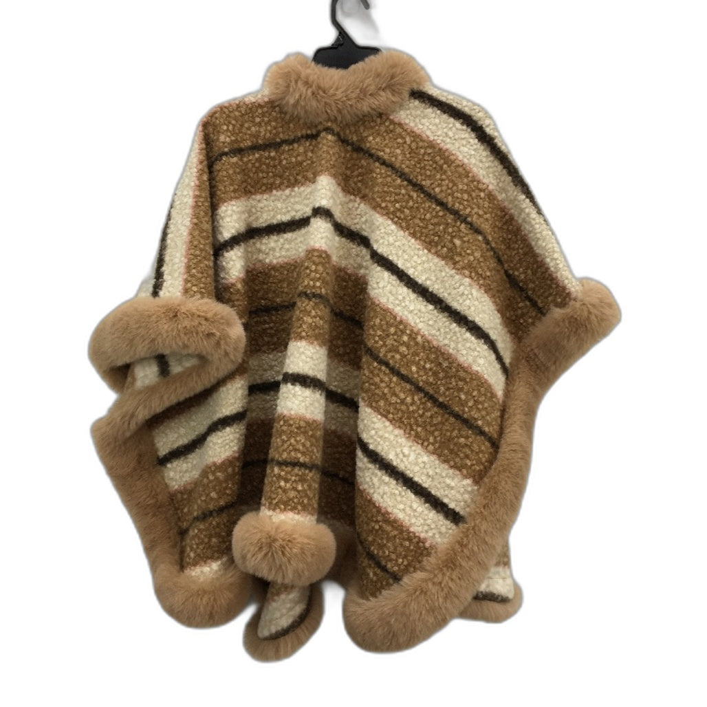Neutral Tans Faux Fur Collar Wool Feel Evening Wear Poncho With Front Hook OSFM