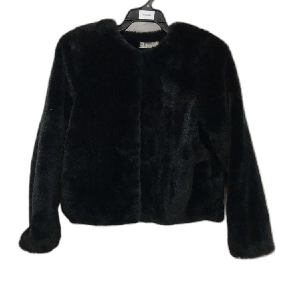 H&M Black Super Soft Black Faux Fur Outer Wear Hook Neck Jacket YOUTH Size 11-12