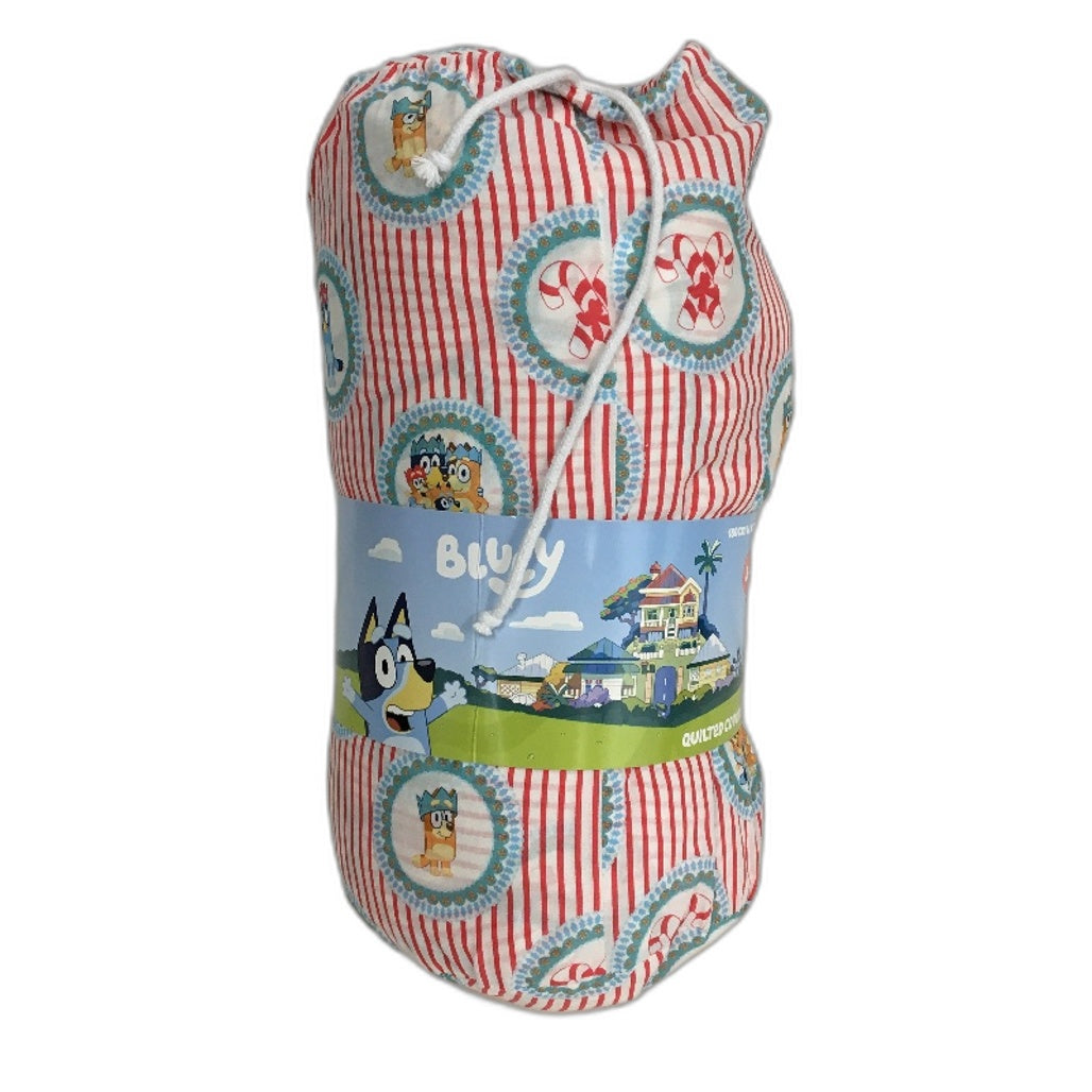 Bluey Family Photo Red Striped Quilted Coverlet With Cloth Bag SINGLE Bed NEW