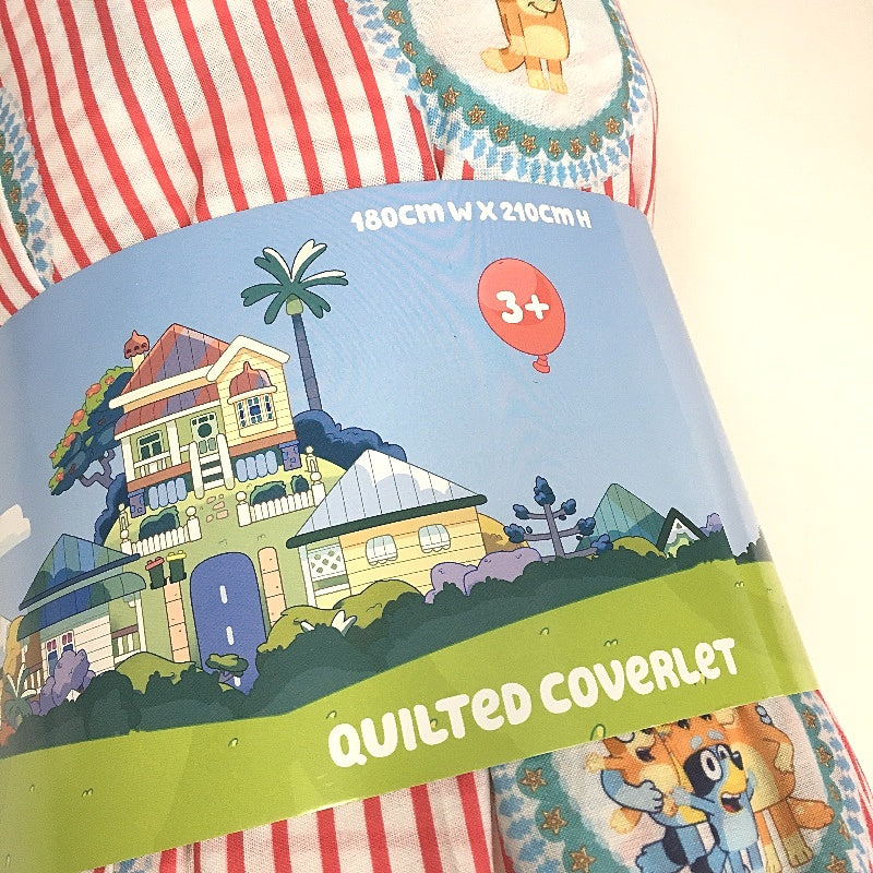 Bluey Family Photo Red Striped Quilted Coverlet With Cloth Bag SINGLE Bed NEW