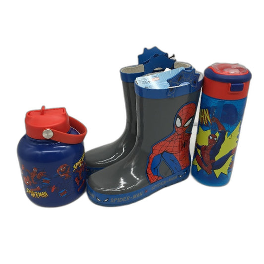 Marvel Spider-Man Grteay RainBoots Kids Size 12 & 2 Blue Drink Bottle Pack NEW