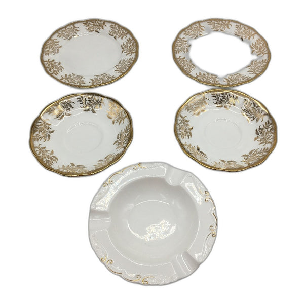 VINTAGE Royal Albert Bone China White Gold Leaf Rimmed 4 Saucers & Trinket Dish