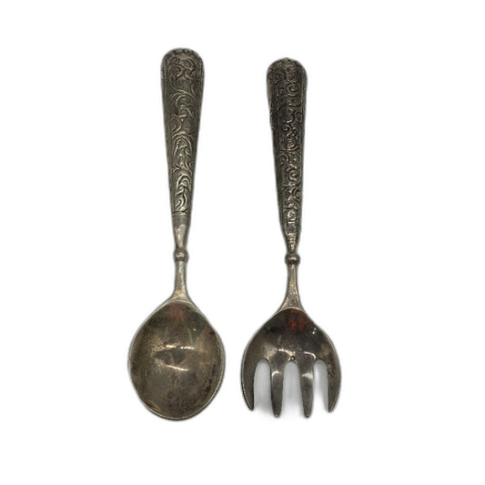 VINTAGE Ornate Etched Handles Silver Metal Hand Crafted Spoon Fork Salad Servers