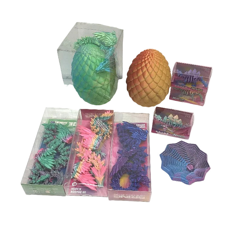 3D Printed Dino Dragon & Fidgets Chromatic Multicoloured Artwork 9 Pce Pack NEW