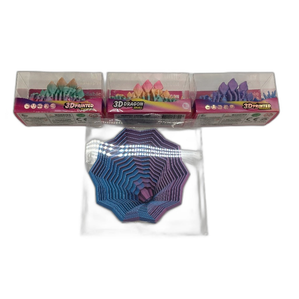 3D Printed Dino Dragon & Fidgets Chromatic Multicoloured Artwork 9 Pce Pack NEW