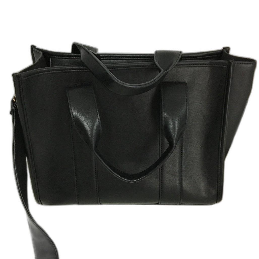 Black Leather Look Work Tote Style Hand Bag With Handles & Shoulder Strap NEW