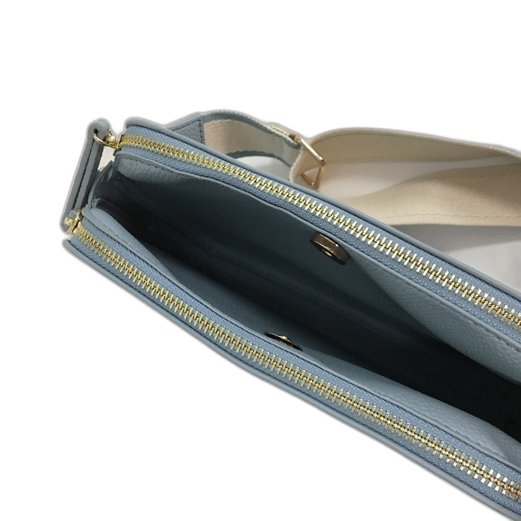 Light Blue Leather Look Double Pocket Crosbody Bag With Cloth Shoulder Strap NEW