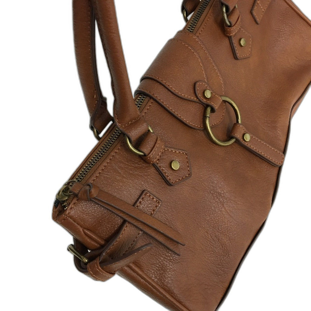 Brown Leather Look Brass Accented Zip Up Everyday Hand Bag With Handles NEW