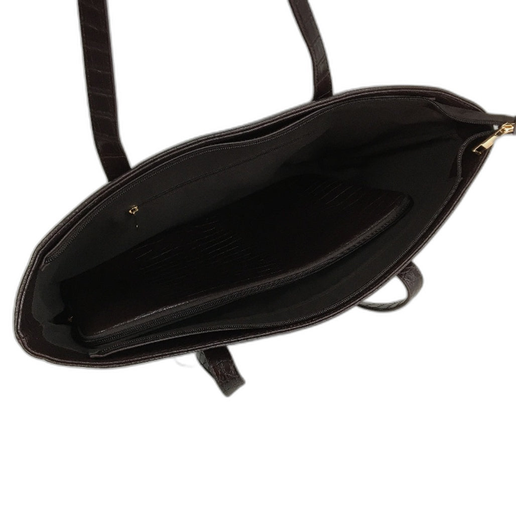 Chocolate Brown Faux Crocodile Leather Large Tote & Phone Bag Matching Set NEW