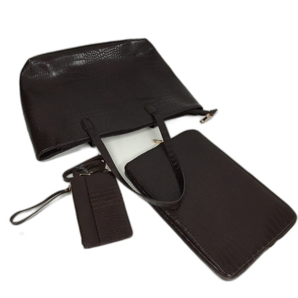 Chocolate Brown Faux Crocodile Leather Large Tote & Phone Bag Matching Set NEW