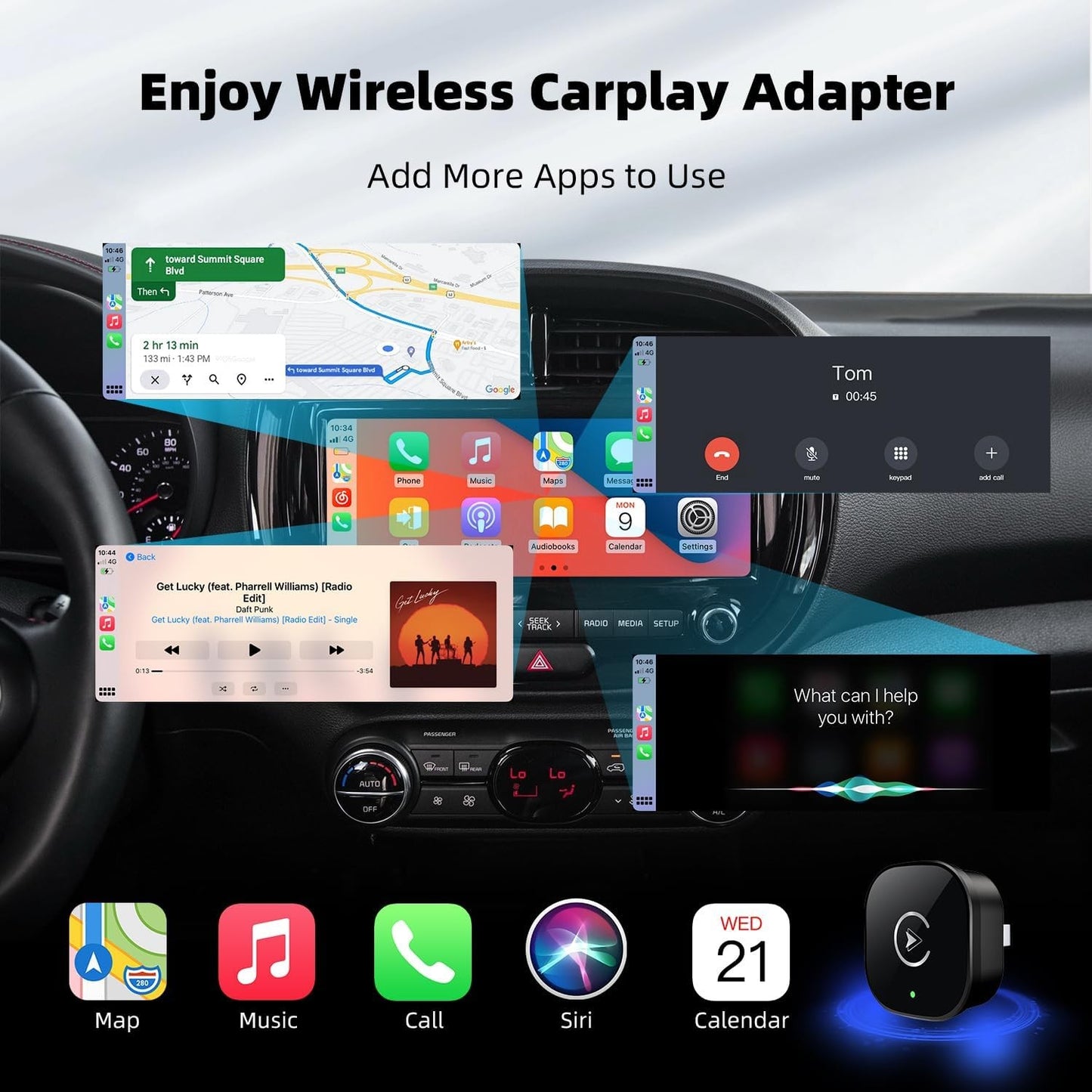 MYCIMRE Wireless CarPlay Adapter for iPhone 2025 Upgrade Black