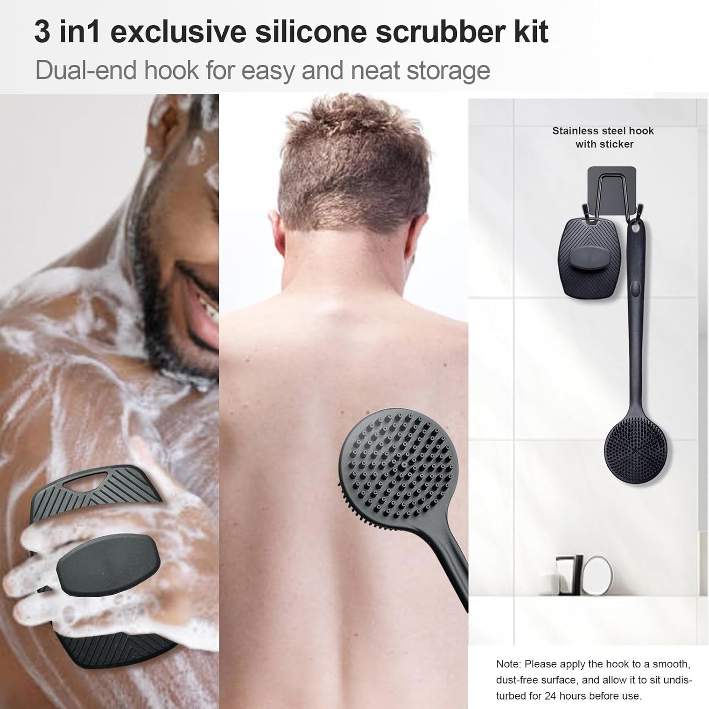 FYL Silicone Body Scrubber Set with Long Handle for Shower