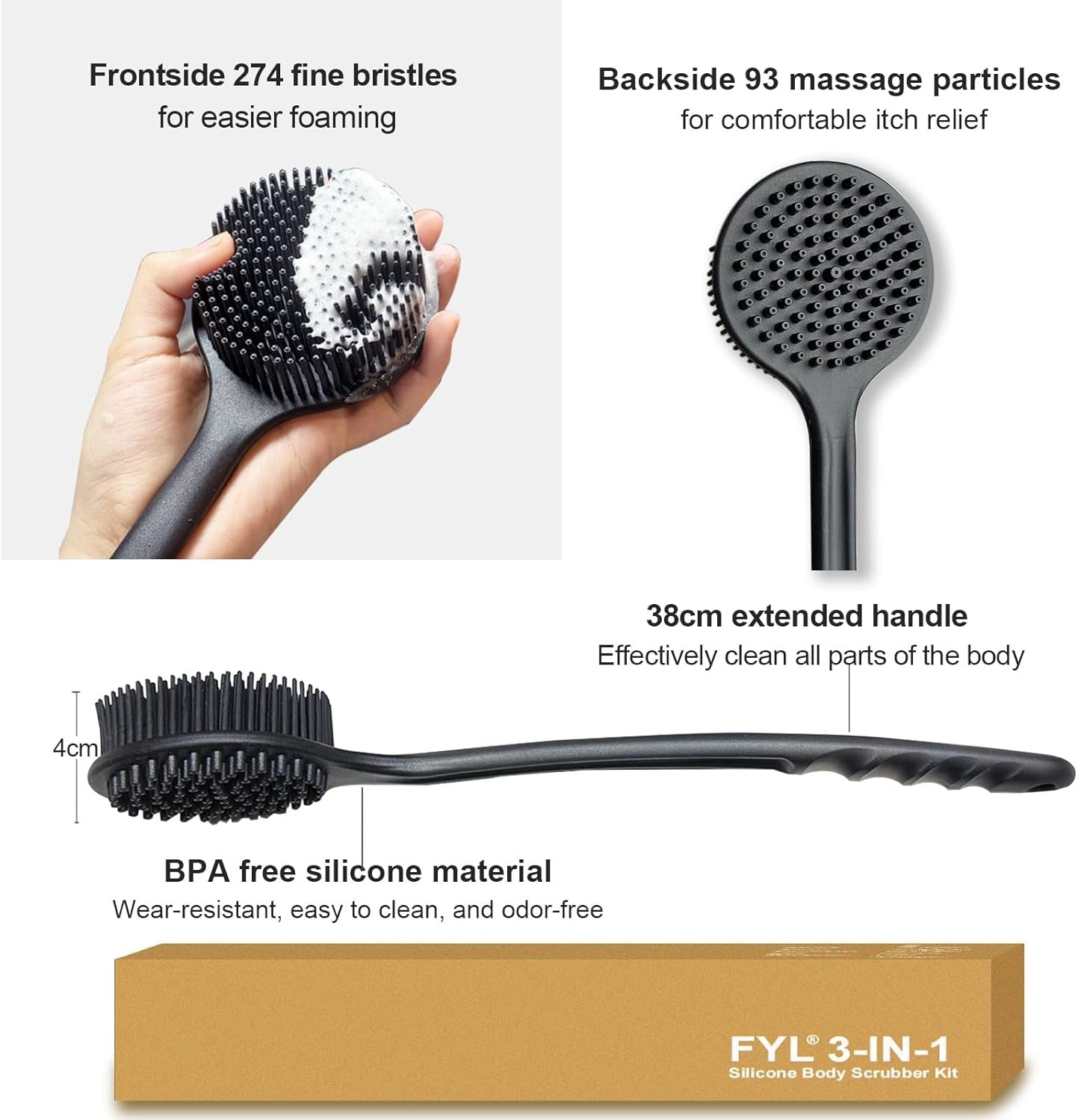 FYL Silicone Body Scrubber Set with Long Handle for Shower