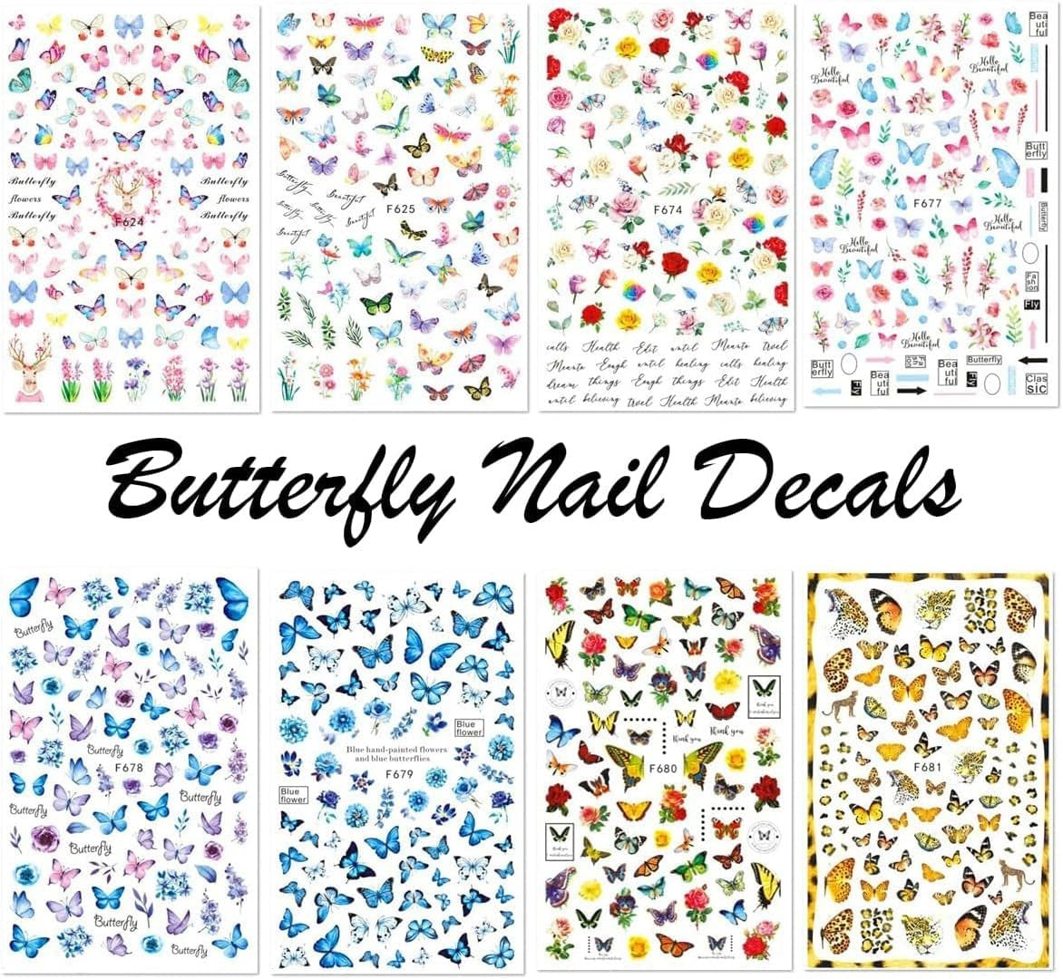 Mecus Butterfly Nail Art Stickers for Manicure Decorations 8 Sheets