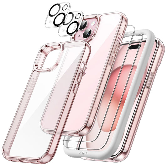 JETech 5 in 1 iPhone 15 Case with Tempered Glass Protectors Pink