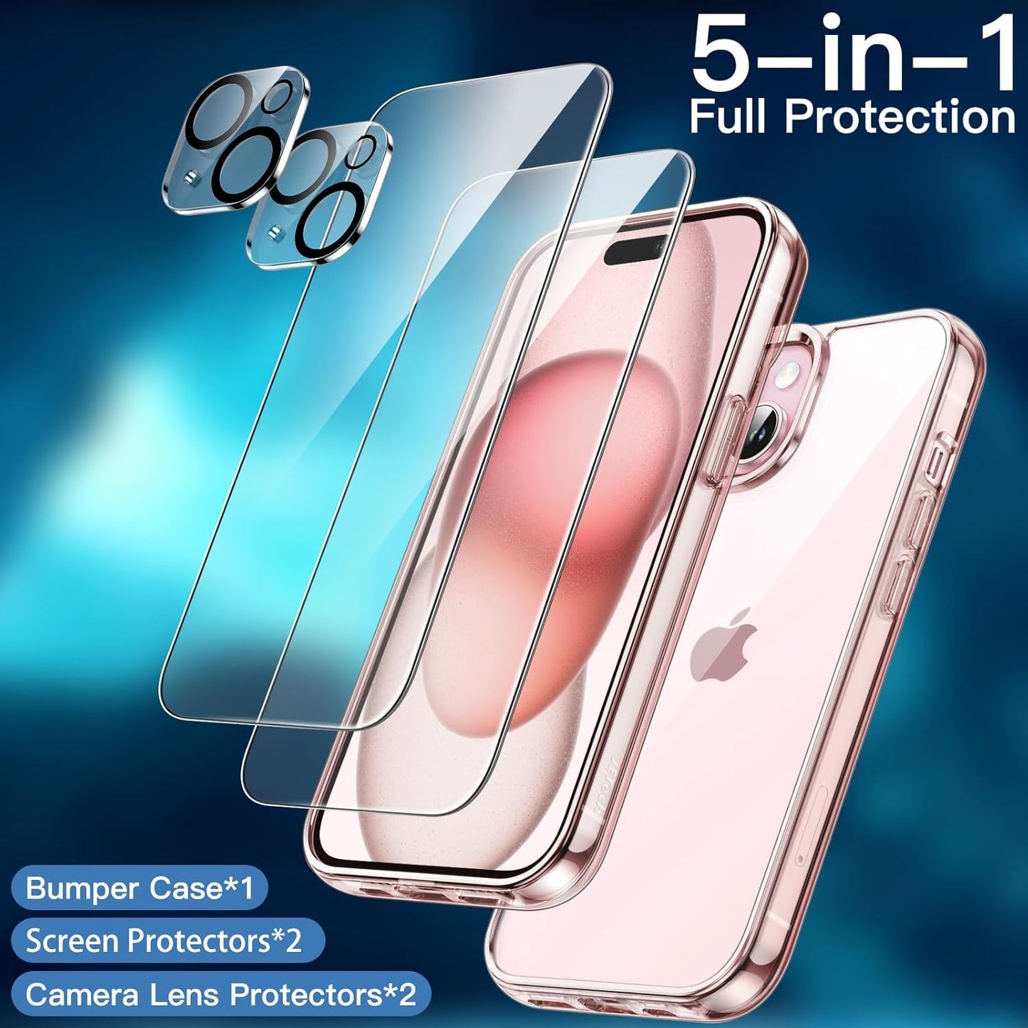 JETech 5 in 1 iPhone 15 Case with Tempered Glass Protectors Pink