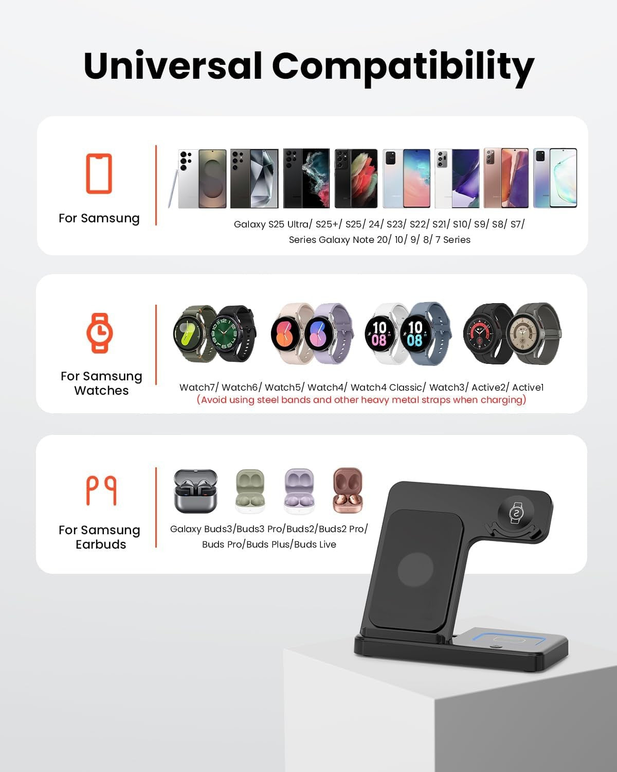 GEEKERA 3 in 1 Foldable Wireless Charger Station for Samsung Devices Black