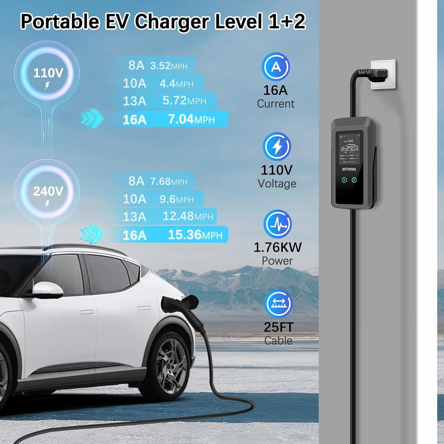 BETUMODA Portable Level 1 & 2 EV Charger 16Amp 24.8FT Cable