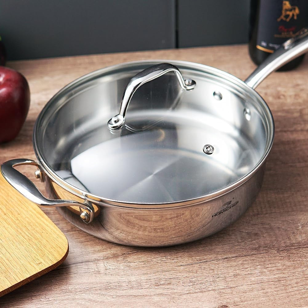 HOMICHEF 24CM Nickel-Free Stainless Steel Saute Pan with Glass Lid
