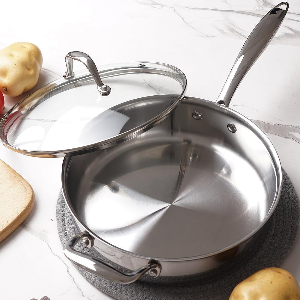 HOMICHEF 24CM Nickel-Free Stainless Steel Saute Pan with Glass Lid