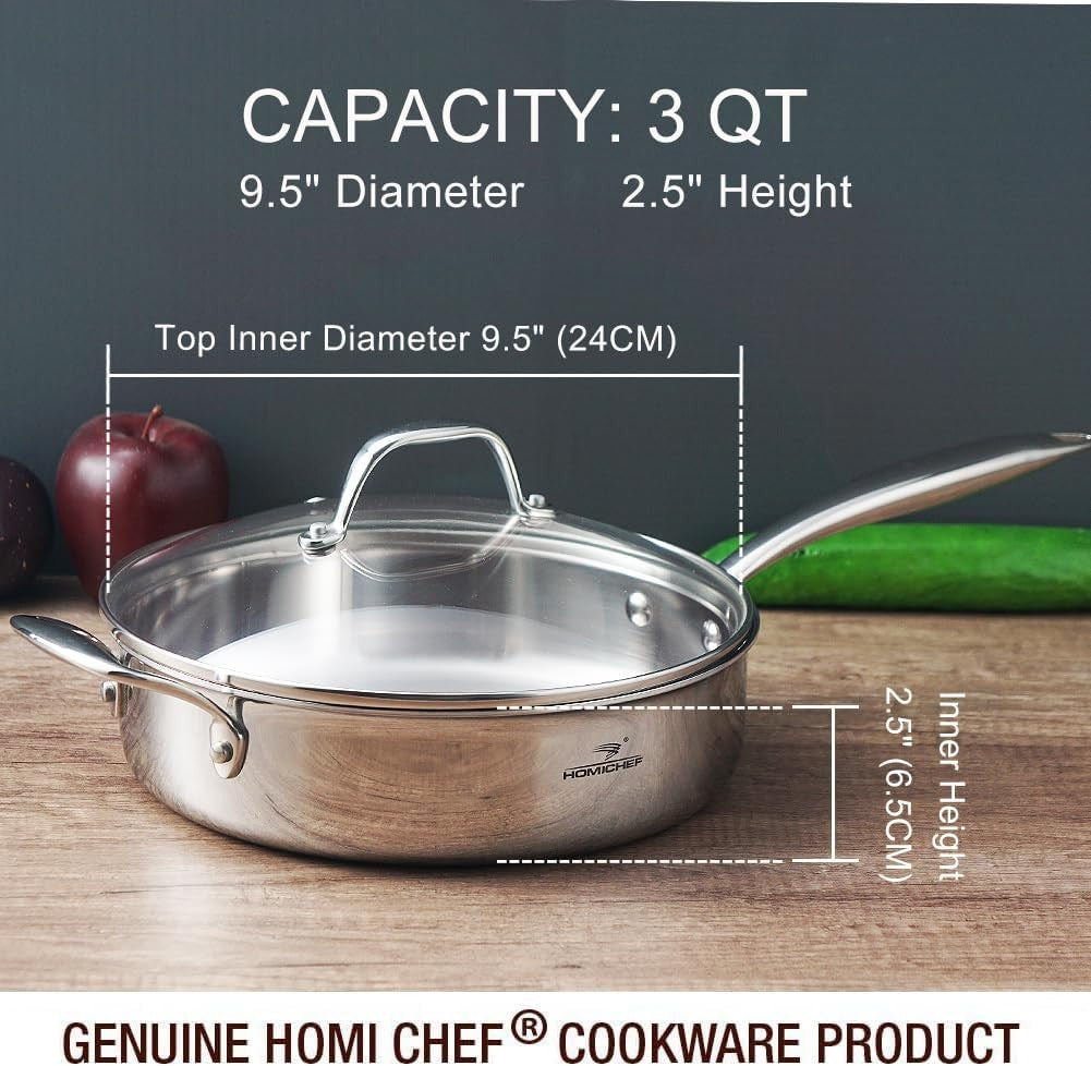 HOMICHEF 24CM Nickel-Free Stainless Steel Saute Pan with Glass Lid