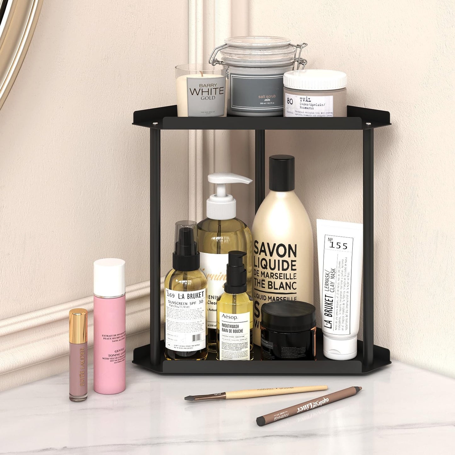 MEAJIO 2-Tier Clear Bathroom Counter Organizer for Makeup and Perfume Black