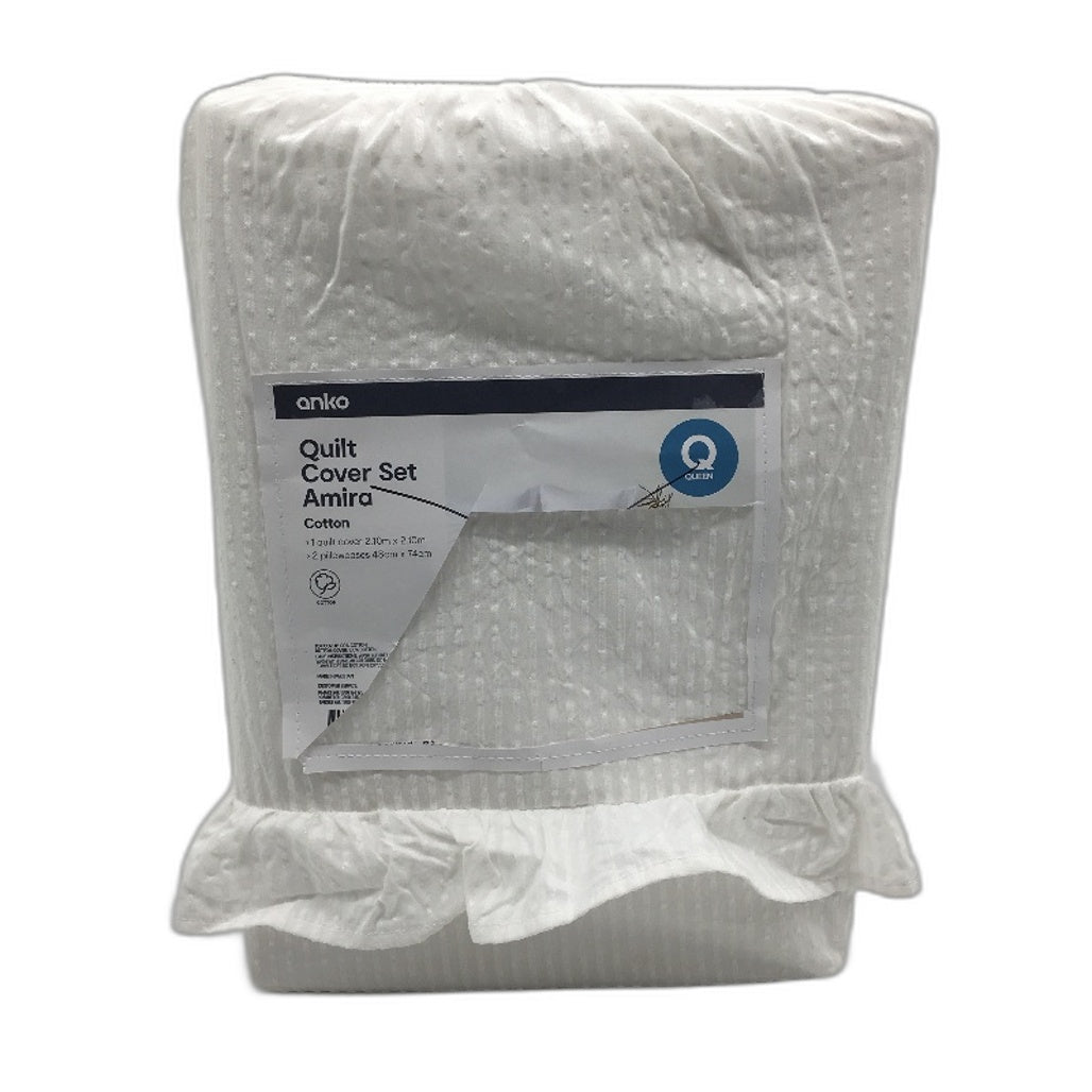 Textured Ruffle White Australian Cotton Quilt Cover Set Size QUEEN NEW