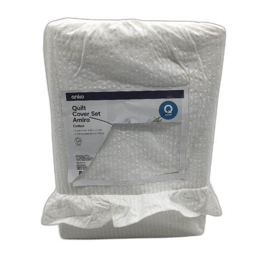 Textured Ruffle White Australian Cotton Quilt Cover Set Size QUEEN NEW