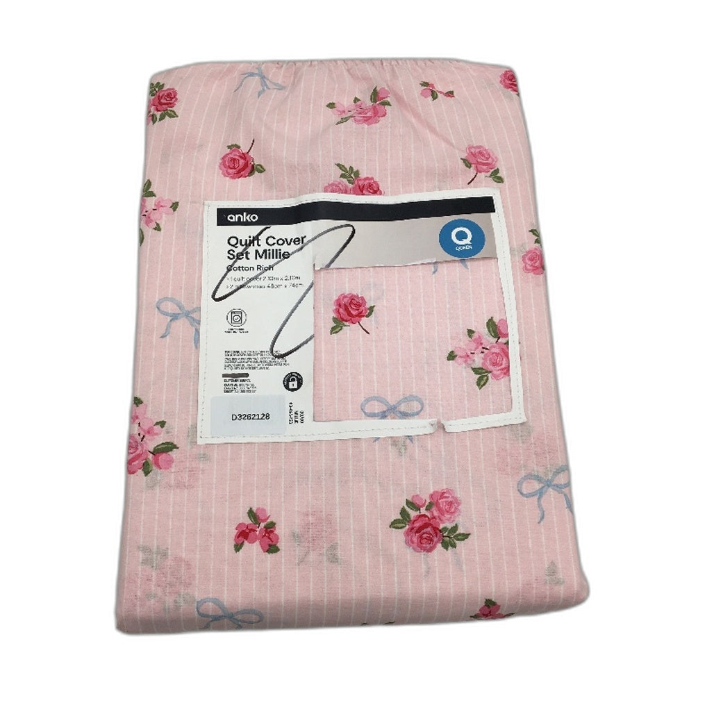 Easy Care Pink Floral Reversible Australian Cotton Quilt Cover Set QUEEN NEW