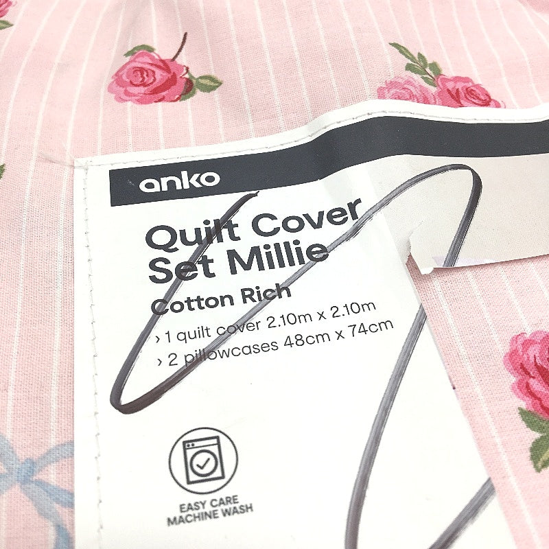Easy Care Pink Floral Reversible Australian Cotton Quilt Cover Set QUEEN NEW