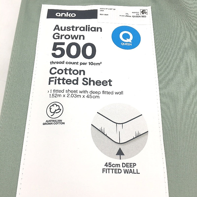 Australian Grown Cotton Sage Fitted Sheet 500 Thread Count QUEEN Size NEW