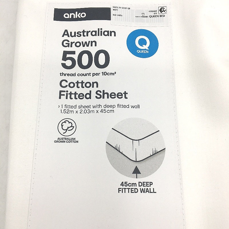 Australian Grown Cotton White Fitted Sheet 500 Thread Count QUEEN Size NEW